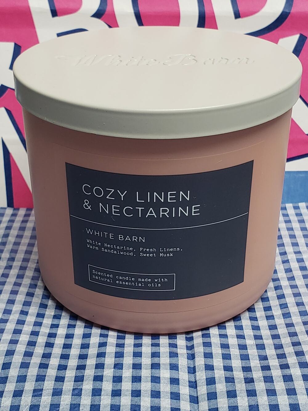 BBW Cozy Linen & Nectarine Large 3 Wick Candle Home Fragrance Decor